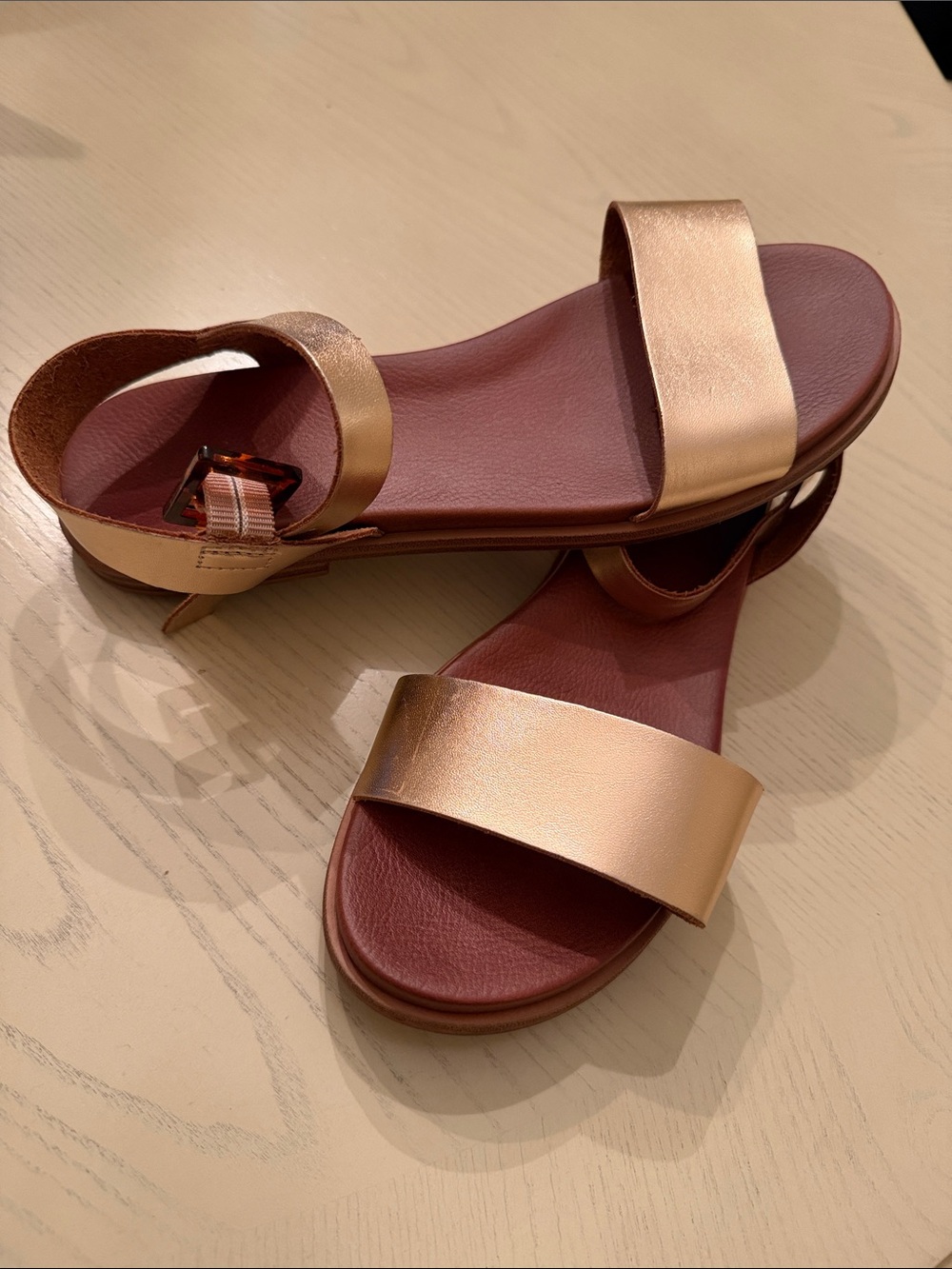 MIA Rose Gold Two‑Strap Sandals with Burgundy Footbed